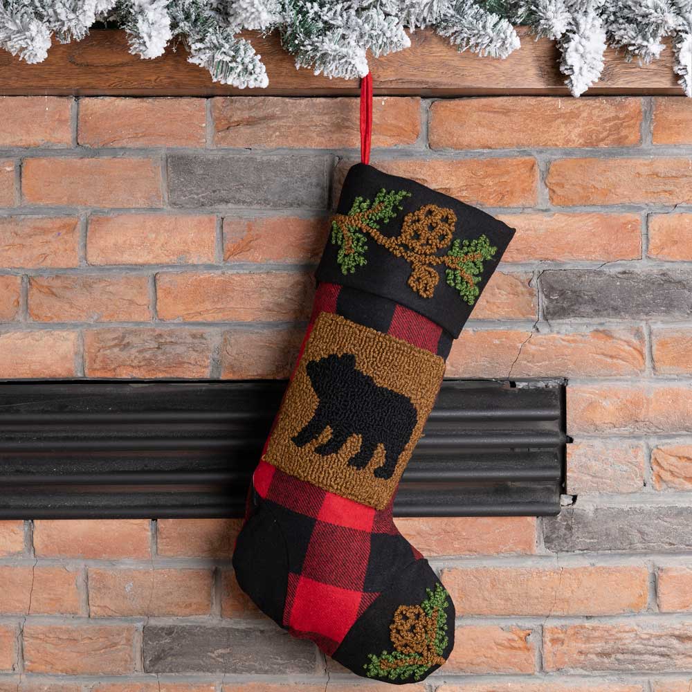 Plaid and Bear Rug Hooked Christmas Stocking