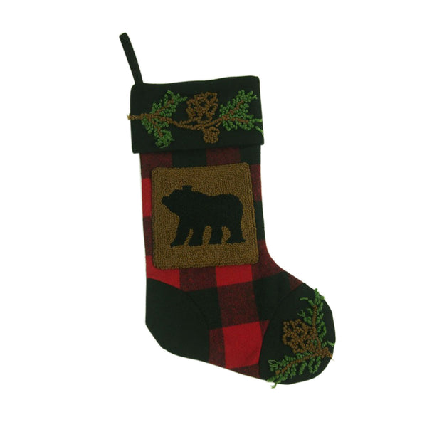 Plaid and Bear Rug Hooked Christmas Stocking