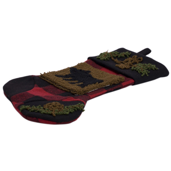 Plaid and Bear Rug Hooked Christmas Stocking