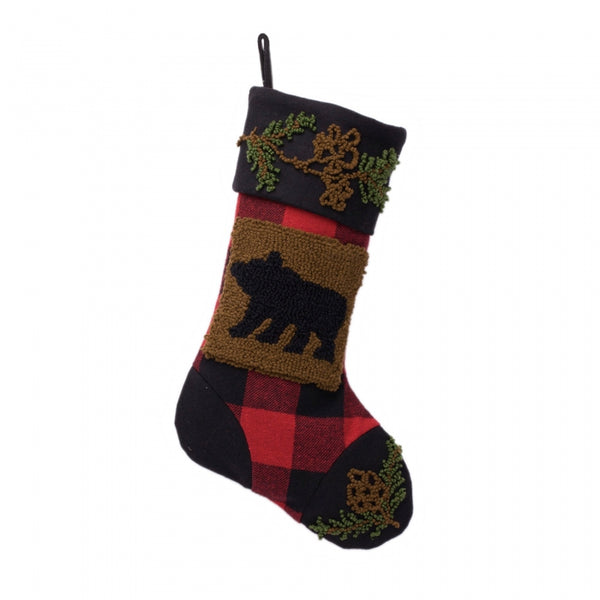 Plaid and Bear Rug Hooked Christmas Stocking