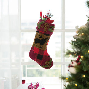 Plaid and Reindeer Rug Hooked Christmas Stocking