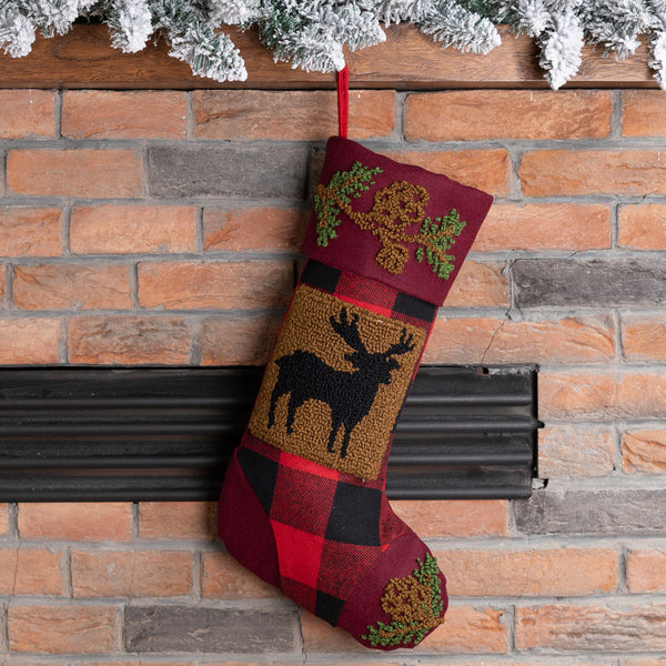 Plaid and Reindeer Rug Hooked Christmas Stocking