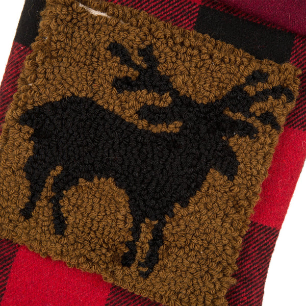 Plaid and Reindeer Rug Hooked Christmas Stocking