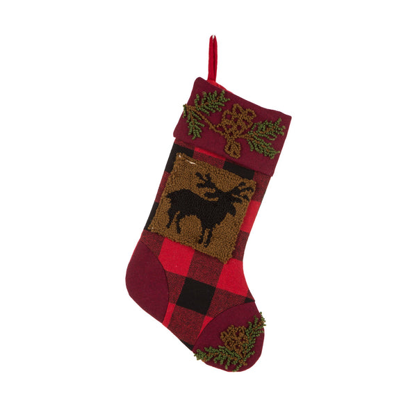 Plaid and Reindeer Rug Hooked Christmas Stocking