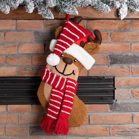 3D Reindeer with Hat and Scarf Hooked Christmas Stocking