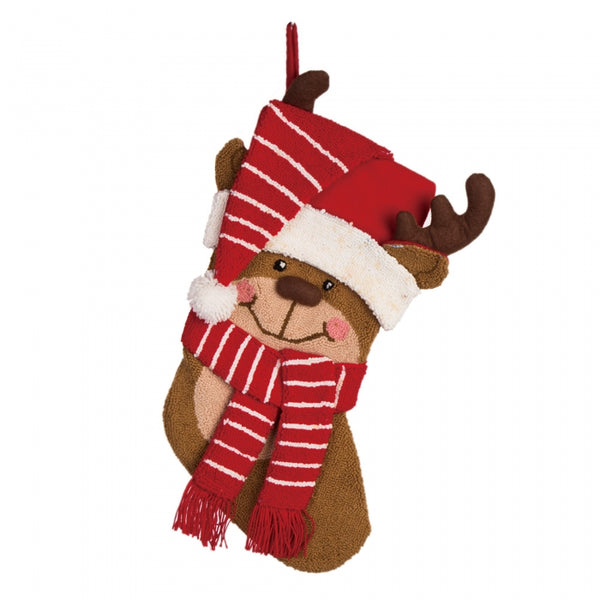 3D Reindeer with Hat and Scarf Hooked Christmas Stocking