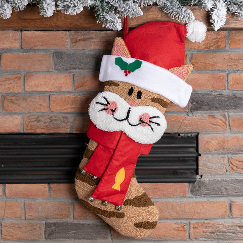 3D Cat with Hat and Scarf Hooked Christmas Stocking