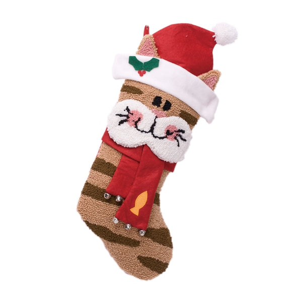 3D Cat with Hat and Scarf Hooked Christmas Stocking