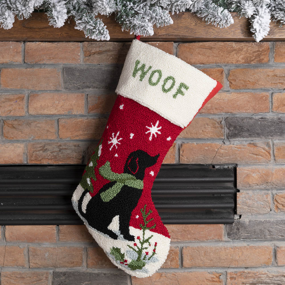 Dog WOOF Hooked Christmas Stocking