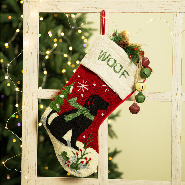 Dog WOOF Hooked Christmas Stocking