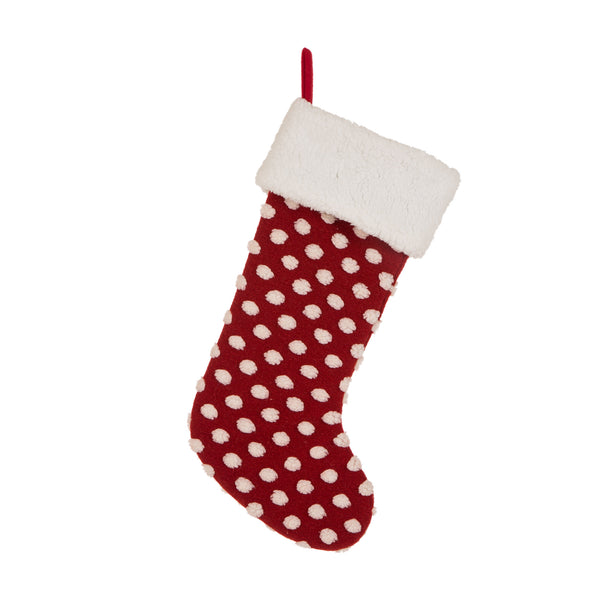 White Fabric Pompom Hooked Christmas Stocking