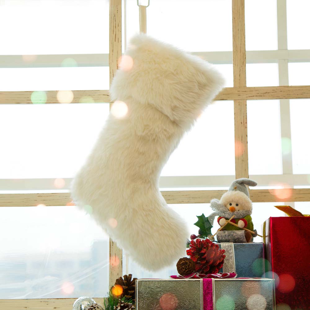 White Plush Faux Fur Christmas Stocking