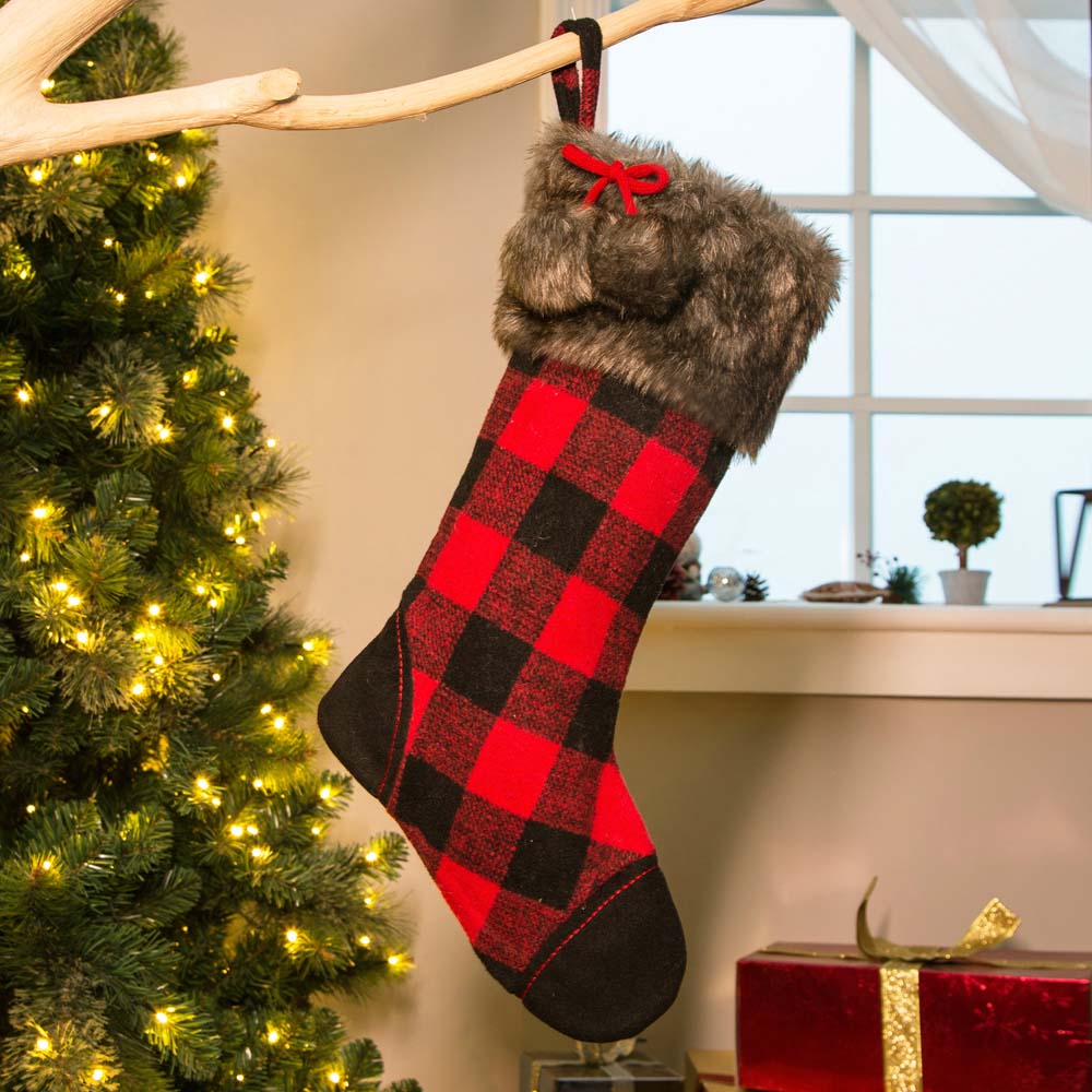 Faux Fur and Black/Red Buffalo Plaid Hooked Christmas Stocking