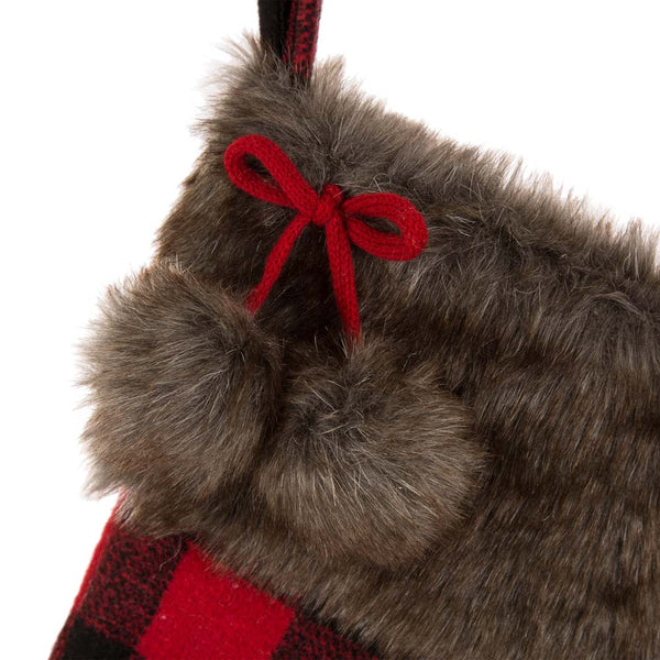 Faux Fur and Black/Red Buffalo Plaid Hooked Christmas Stocking