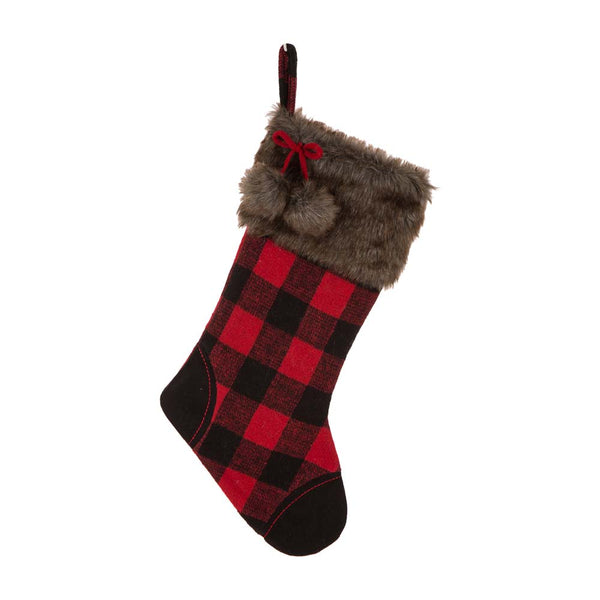 Faux Fur and Black/Red Buffalo Plaid Hooked Christmas Stocking