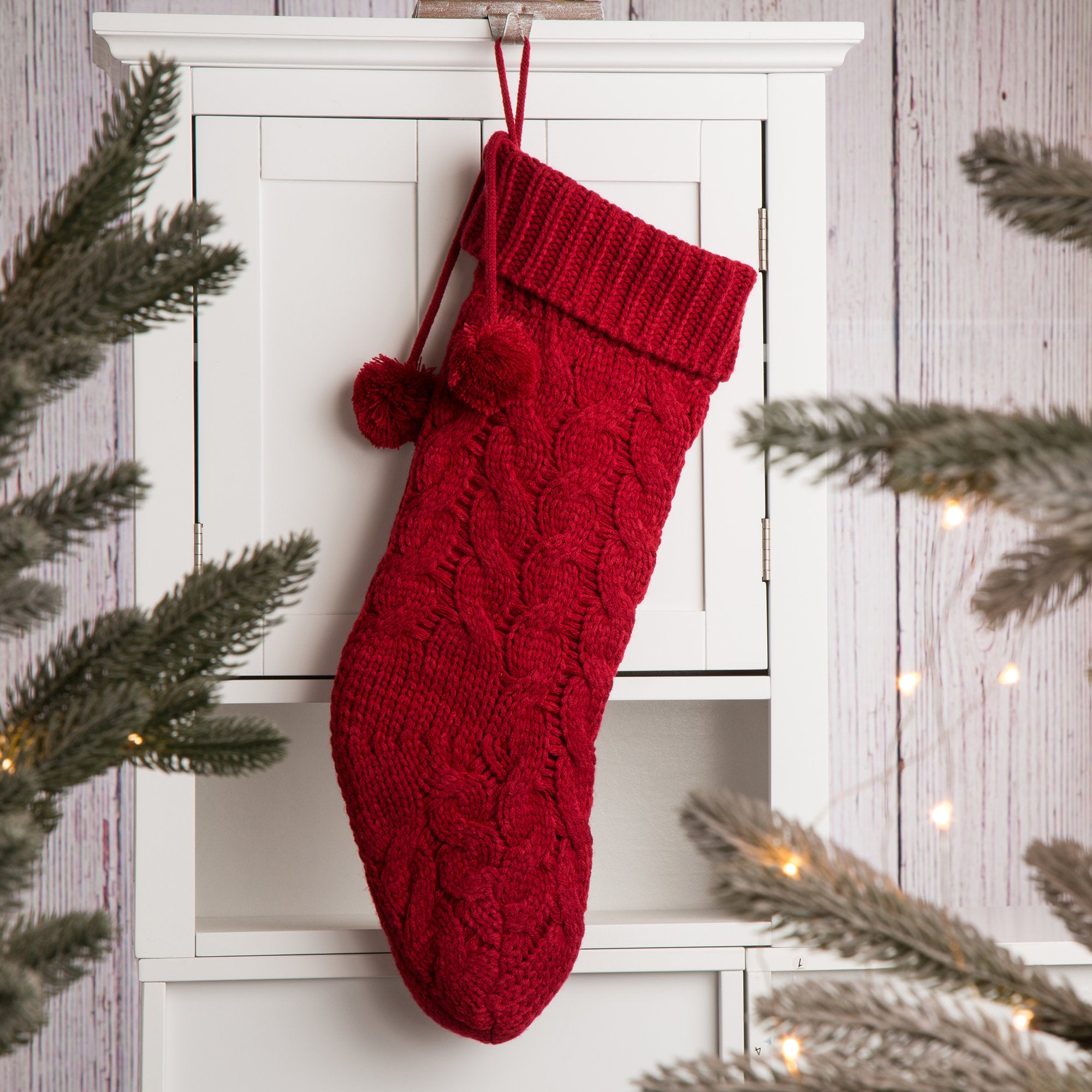 Red Knitted Polyester Christmas Stocking with Pom Pom Ball