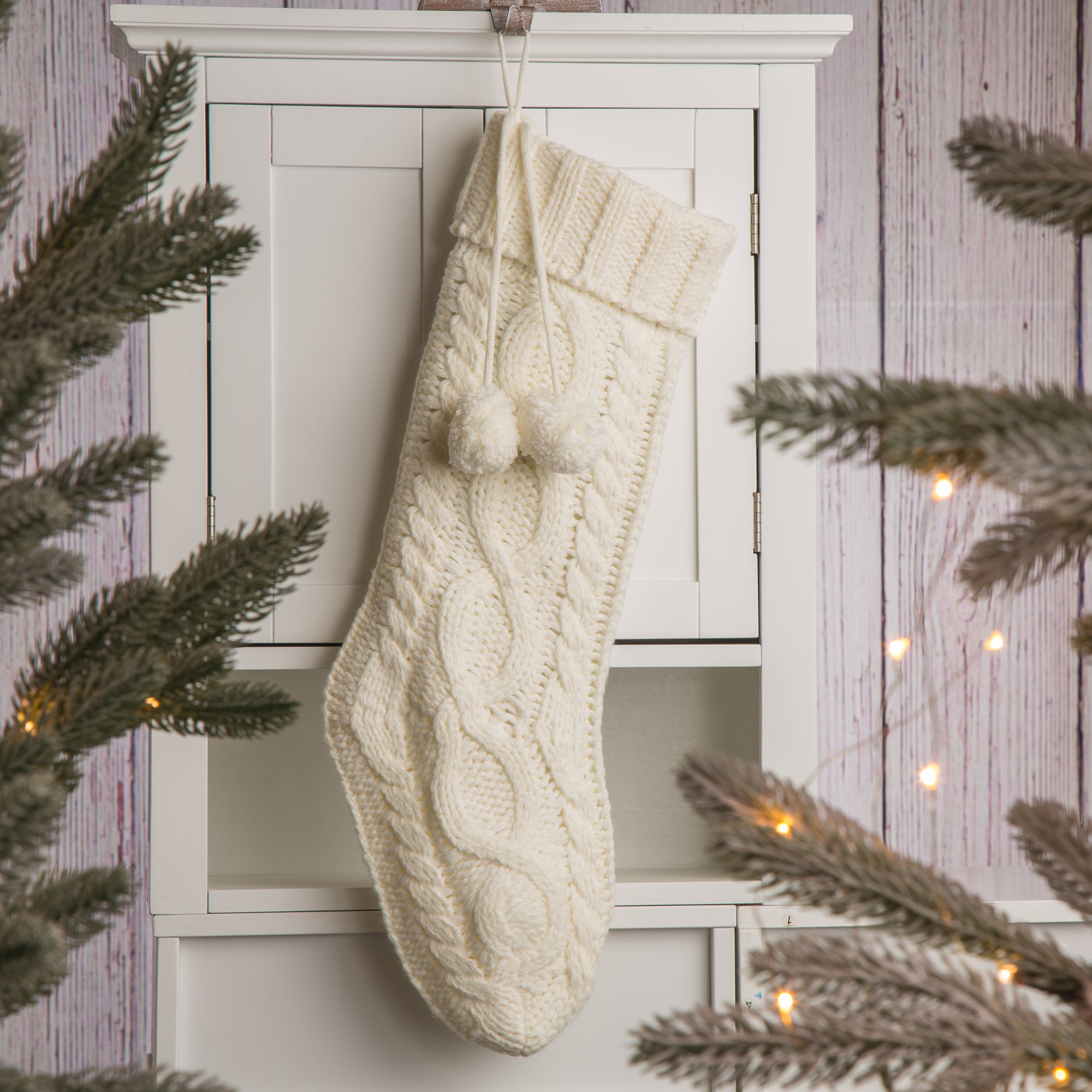 White Knitted Polyester Christmas Stocking with Pom Pom Ball