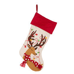 LED Reindeer Embroidered Linen Christmas Stocking