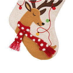 LED Reindeer Embroidered Linen Christmas Stocking