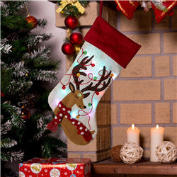 LED Reindeer Embroidered Linen Christmas Stocking