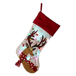 LED Reindeer Embroidered Linen Christmas Stocking