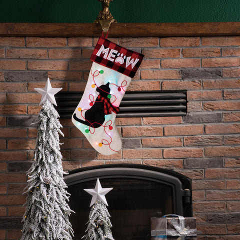 Cat MEOW LED Embroidered Linen Christmas Stocking