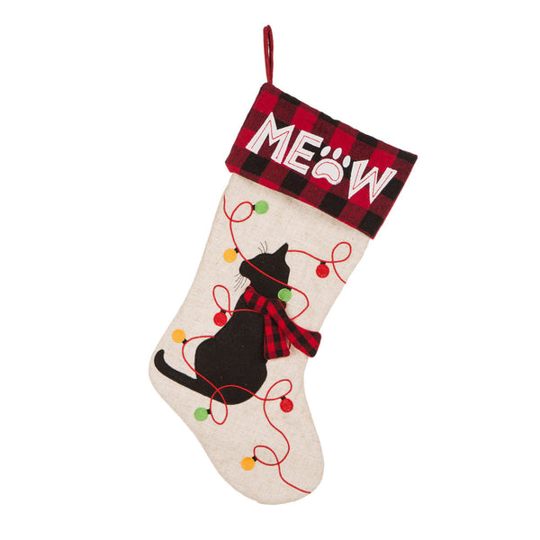 Cat MEOW LED Embroidered Linen Christmas Stocking