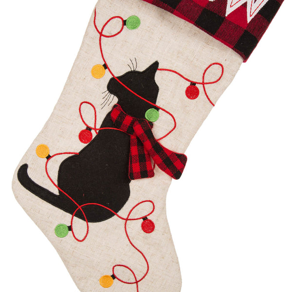 Cat MEOW LED Embroidered Linen Christmas Stocking