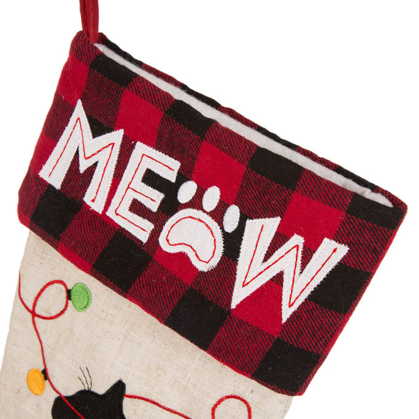 Cat MEOW LED Embroidered Linen Christmas Stocking