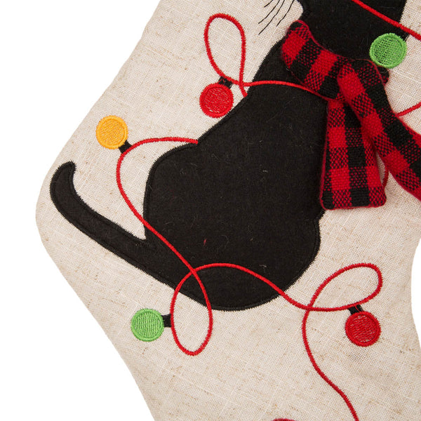 Cat MEOW LED Embroidered Linen Christmas Stocking