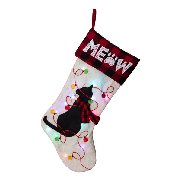 Cat MEOW LED Embroidered Linen Christmas Stocking