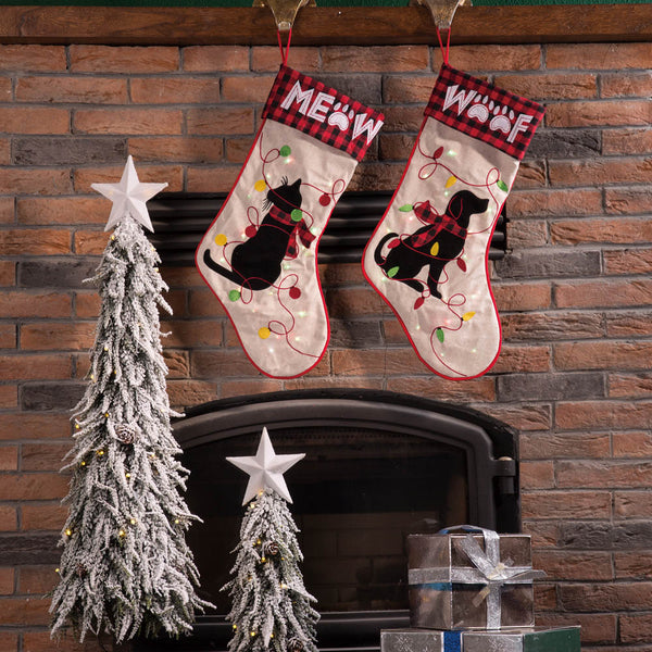 Dog WOOF LED Embroidered Linen Christmas Stocking