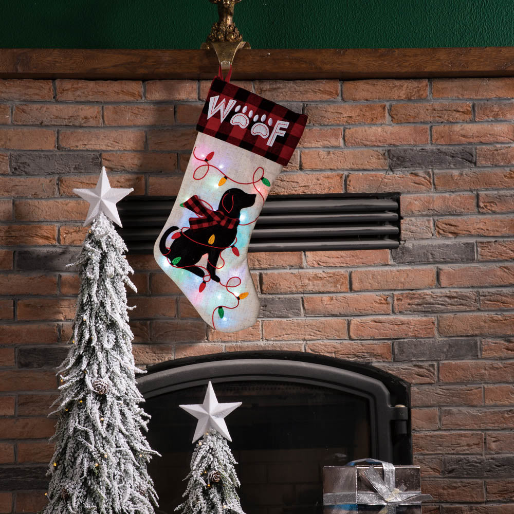 Dog WOOF LED Embroidered Linen Christmas Stocking