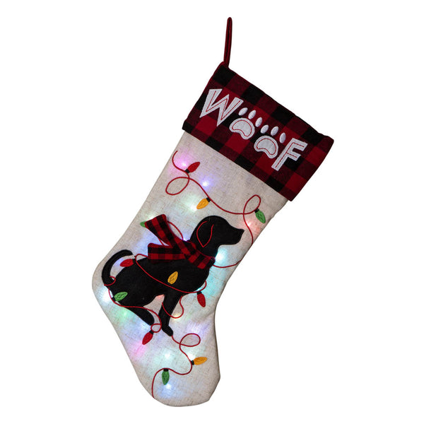 Dog WOOF LED Embroidered Linen Christmas Stocking