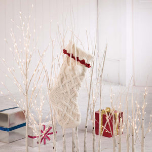 White Knitted Polyester Christmas Stocking with Red Trim & Pompom