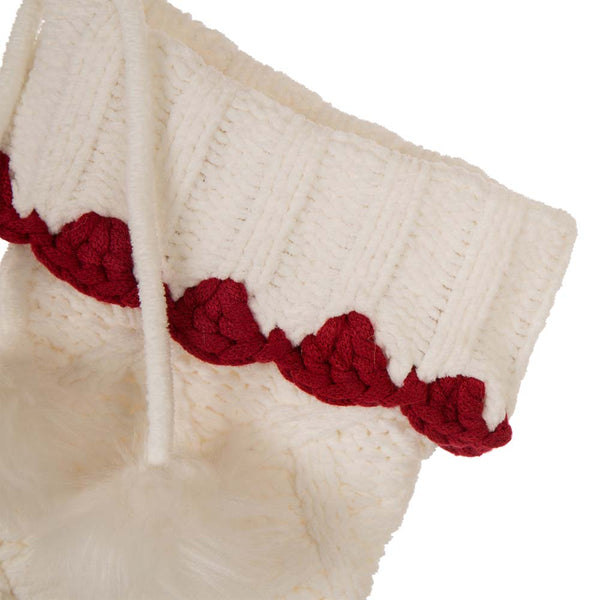 White Knitted Polyester Christmas Stocking with Red Trim & Pompom