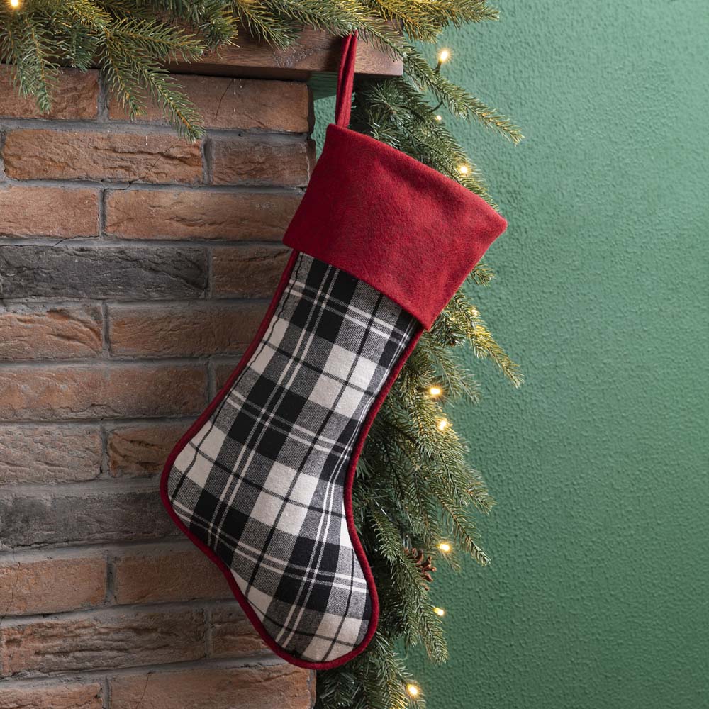 Black & White Plaid Fabric Christmas Stocking