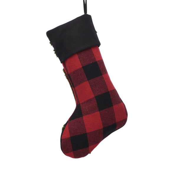 Plaid Stocking With Rug Hooked Stocking(Reindeer& Bear),Set of 2