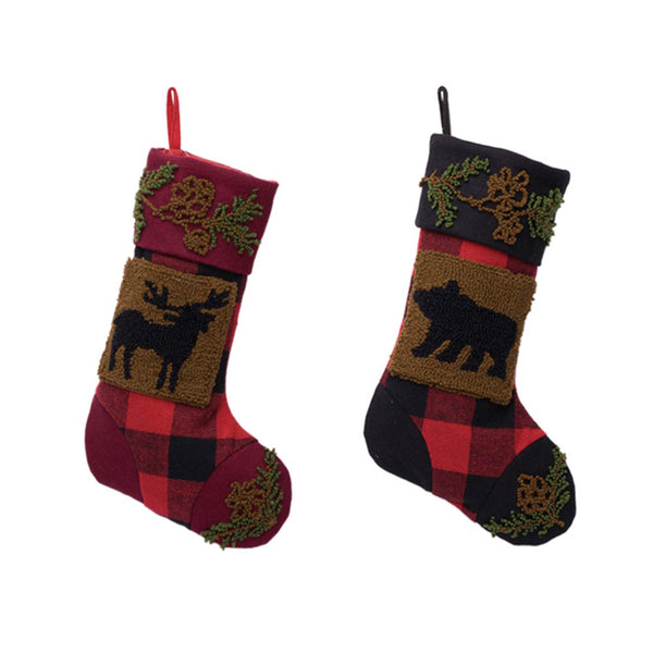 Plaid Stocking With Rug Hooked Stocking(Reindeer& Bear),Set of 2