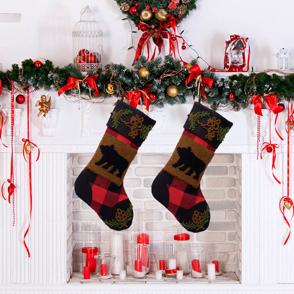 2PK Plaid and Bear Rug Hooked Christmas Stockings