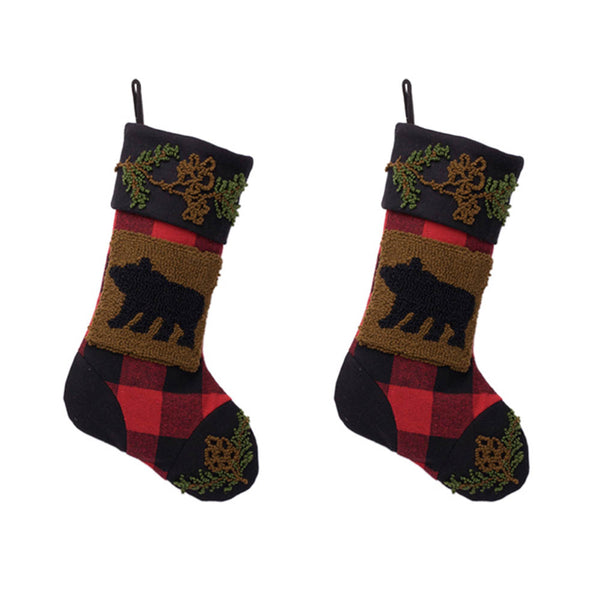 2PK Plaid and Bear Rug Hooked Christmas Stockings