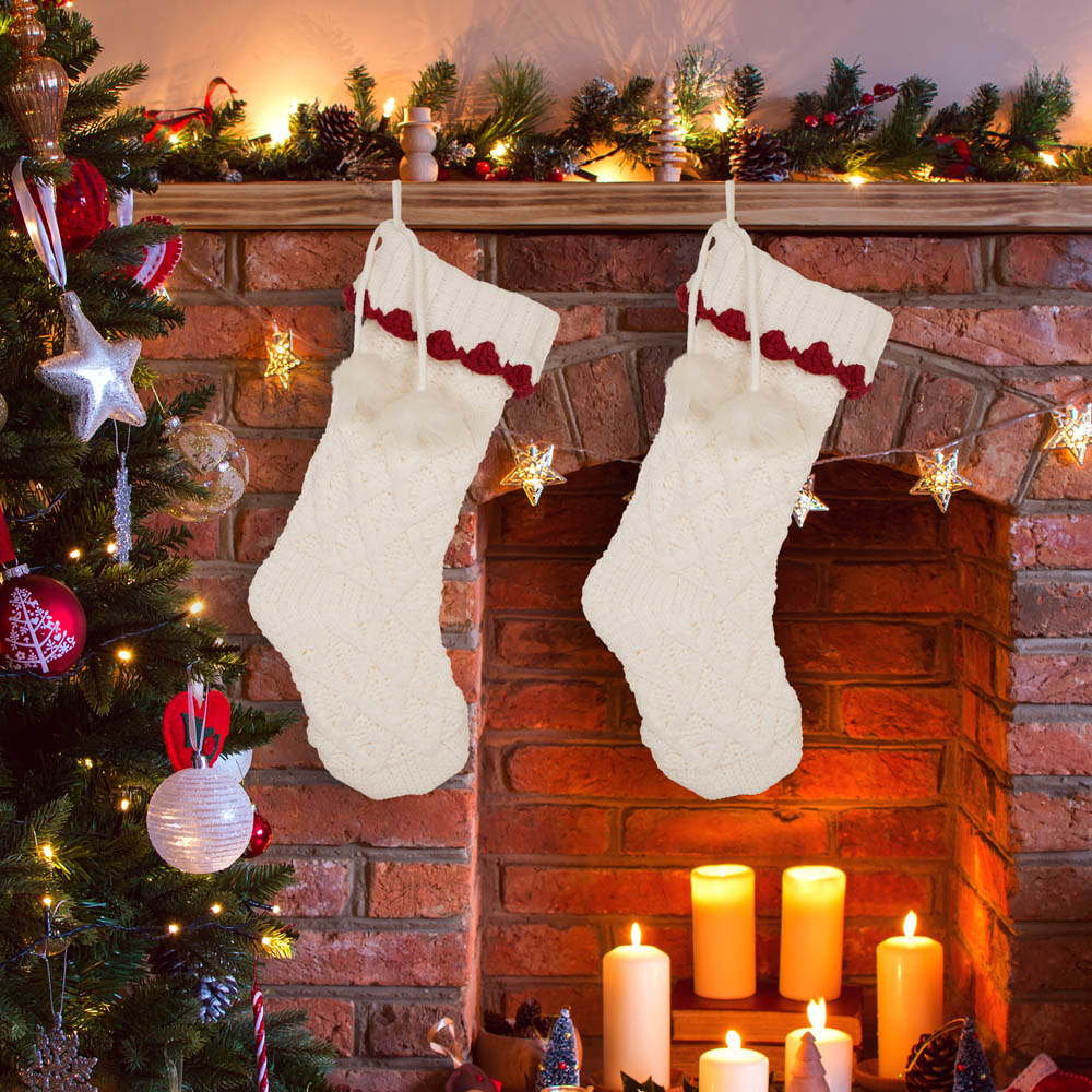 2PK White Knitted Christmas Stockings With Red Trim & Pompom