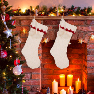 2PK White Knitted Christmas Stockings With Red Trim & Pompom