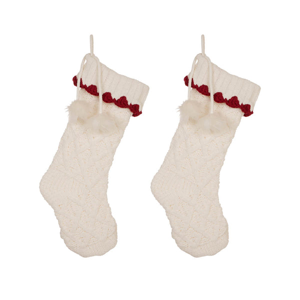 2PK White Knitted Christmas Stockings With Red Trim & Pompom