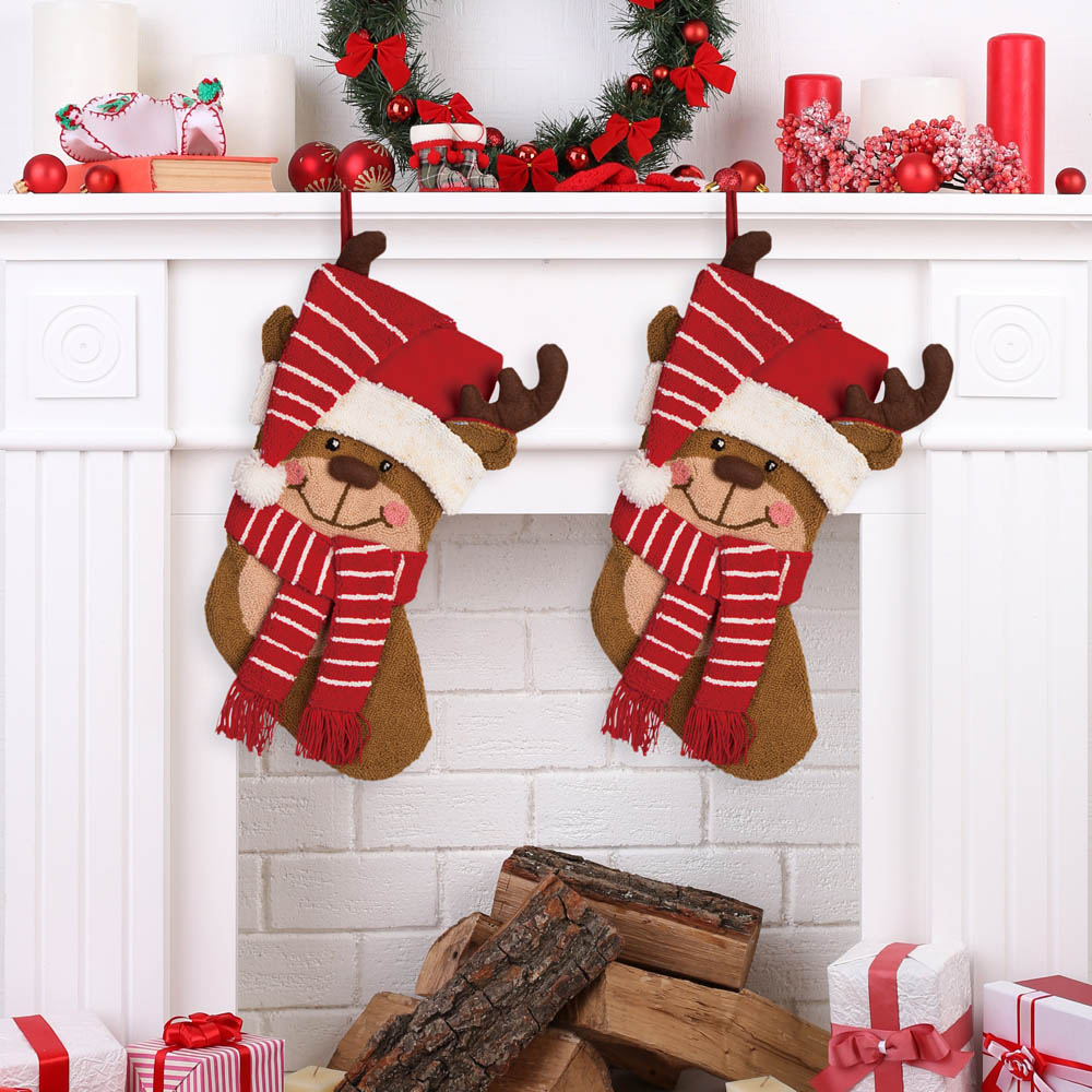 2PK 3D Reindeer Hooked Christmas Stockings