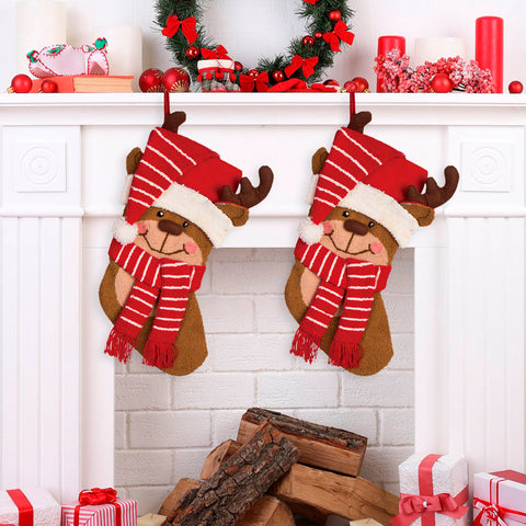 2PK 3D Reindeer Hooked Christmas Stockings