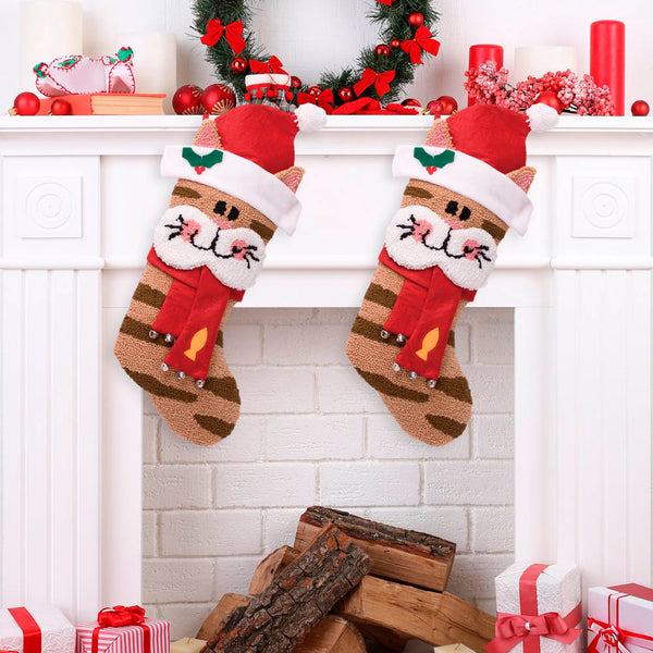 2PK 3D Cat with Hat and Scarf Hooked Christmas Stockings