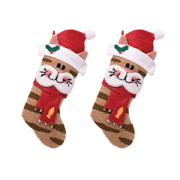 2PK 3D Cat with Hat and Scarf Hooked Christmas Stockings