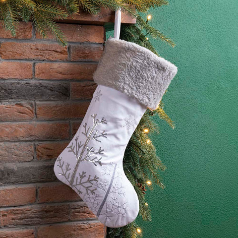 White Fleece with Christmas Tree and Snowflake Stocking