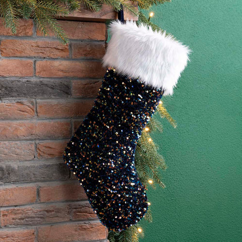 Navy Blue Sequin Christmas Stocking with a White Faux Fur Cuff